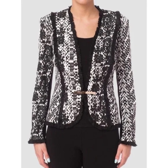Joseph Ribkoff, Blazer, Black‎ And White, With Black Fringe Trim, Size 8 - Picture 6 of 15
